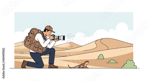 Illustration of a photographer taking a photo of a lizard in the desert under the sky landscape with clouds perfect for nature photography