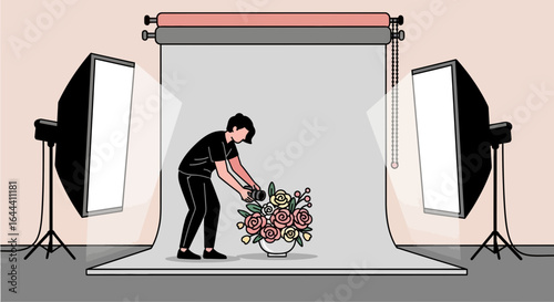 Illustration of a photographer taking photos of flowers in a studio setting with lighting setup showing creative work