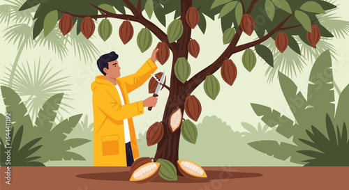 Illustration of a farmer harvesting cocoa pods in a lush tropical plantation environment