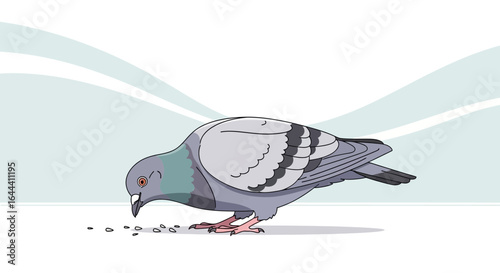 Illustration of a pigeon pecking seeds on a clean background with soft pastel colors