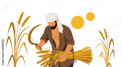 Illustration of a farmer harvesting wheat with a sickle in a traditional manner showcasing agricultural work and rural life