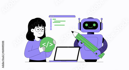 Illustration of a programmer and a robot working together on a software project collaboratively