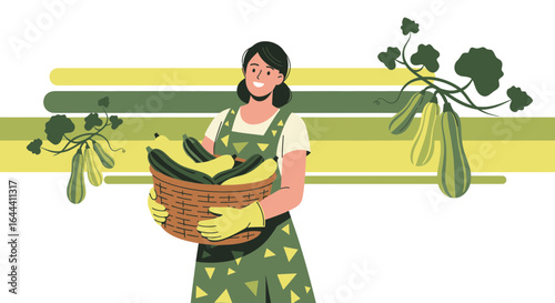 Illustration of a farmer harvesting zucchini in a basket with background design