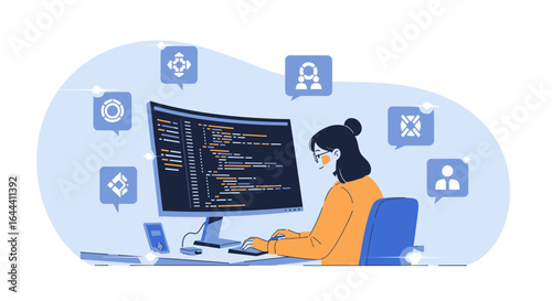Illustration of a programmer working on a computer with code symbols hovering