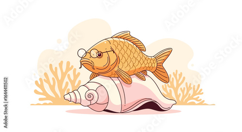 Illustration of a refined goldfish wearing glasses perched atop a seashell, whimsical marine life depiction