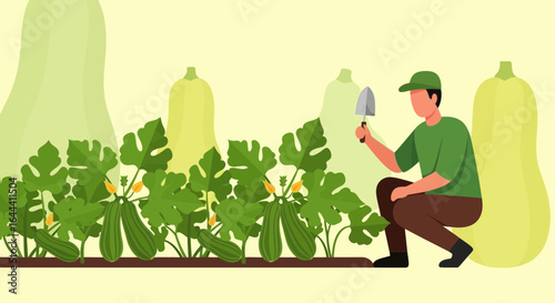 Illustration of a farmer tending to his zucchini crop with care and dedication in his garden