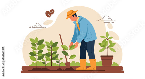 Illustration of a farmer tending to coffee plants in a field with coffee beans symbol