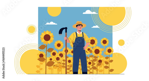 Illustration of a farmer with a scythe in a sunflower field under a sunny sky