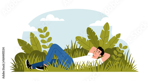 Illustration of a relaxing man lying in a field enjoying the peace and quiet outdoors