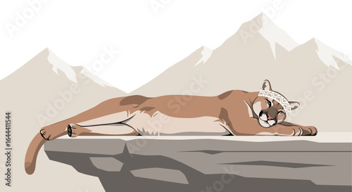 Illustration of a resting mountain lion wearing a headband with a mountain backdrop offers a serene and natural vista