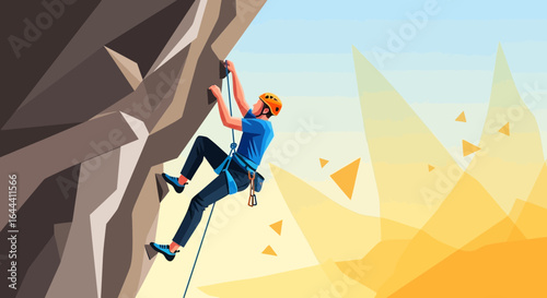 Illustration of a rock climber on a steep mountain face with safety gear under bright sunlight
