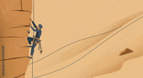 Illustration of a rock climber ascending a steep wall with safety equipment and rope outdoors facing challenges