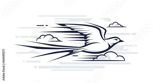 Illustration of a fast-flying bird with motion lines amidst clouds, perfect for conveying speed and freedom