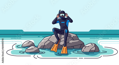 Illustration of a scuba diver preparing to dive in the ocean sitting on rocks near coastline