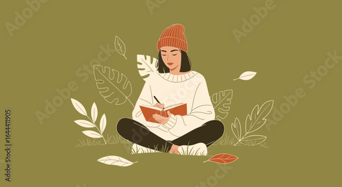 Illustration of a serene woman journaling outdoors surrounded by nature elements