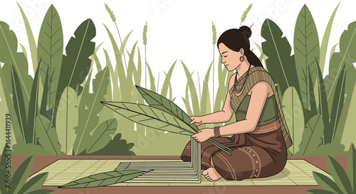 Illustration of a serene woman weaving leaves in a natural setting, portraying cultural artistry and tradition with leaves and plants