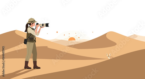 Illustration of a female photographer in the desert with a fennec fox at sunset in a beautiful desert landscape