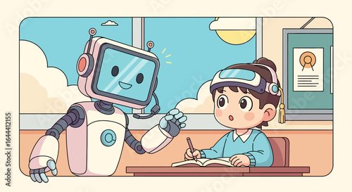 Illustration of a futuristic classroom with a robot assisting a student with learning tasks