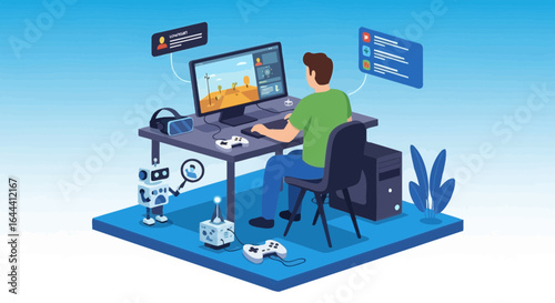 Illustration of a gamer in his room with computer gadgets and playing his favorite game