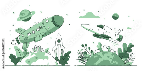 Futuristic Space Rockets and Planets in Cartoon Vector Illustration Design