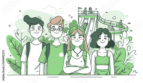 Group of Friends Enjoying Fun Outdoor Activity in Green Cartoon Style Illustration