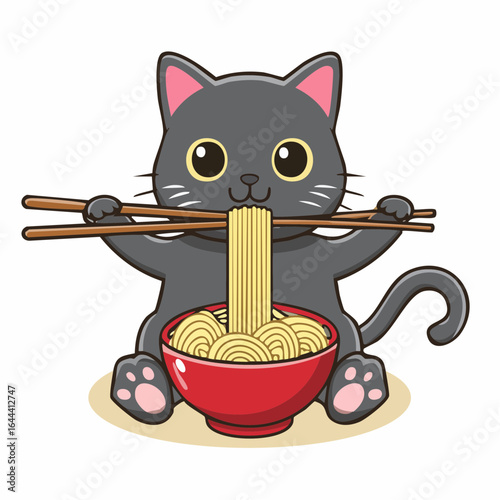 A cute cartoon cat happily eating noodles from a red bowl with chopsticks.
