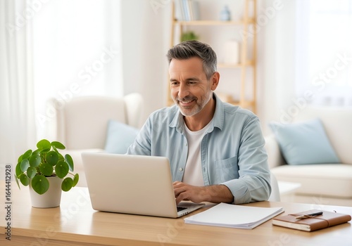 Smiling Middle-Aged Man Working on Laptop in Bright Home Office