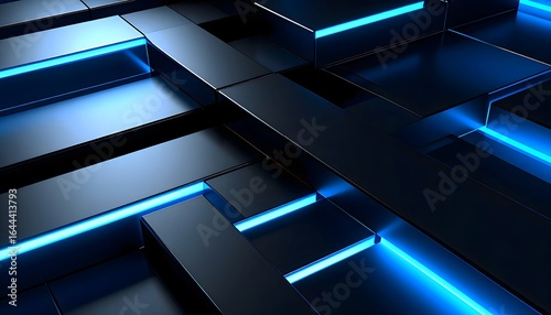 Futuristic digital landscape concept featuring an abstract geometric pattern of dark blocks illuminated by glowing blue neon light.