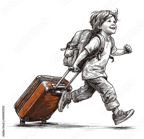 Child Running with Luggage in Hand-Drawn Engraving Style Artwork