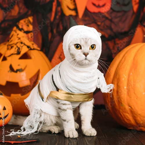 Halloween cat in mummy costume