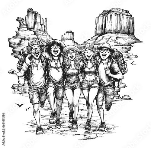 Group of Friends Hiking in Desert Landscape Engraving, Hand Drawn Style