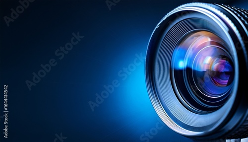 close up of a camera lens illuminated by blue light on a dark background photographer and filmmaking background concept with copy space