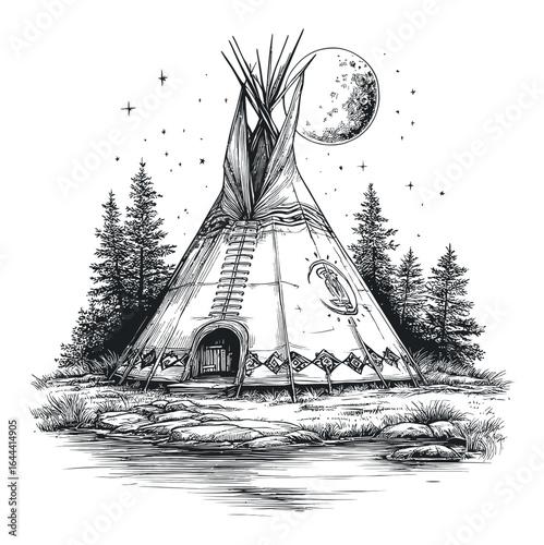Detailed Hand-Drawn Engraving of a Teepee Under a Night Sky with Moon