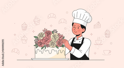 Illustration of a skilled pastry chef delicately decorating a cake with flowers