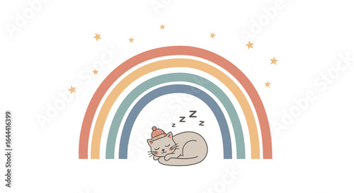 Illustration of a Sleeping Cat Under a Rainbow with Stars for Children's Content