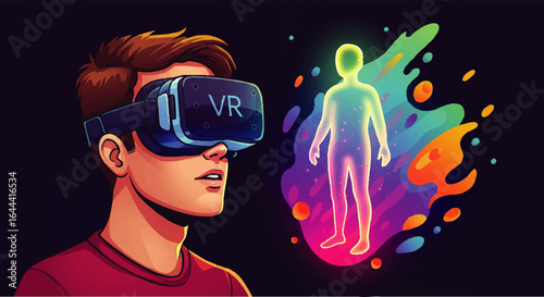 Man in a red shirt wearing VR headset, viewing a colorful, glowing human avatar in a virtual space.
