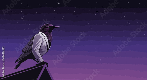 Illustration of a sophisticated crow in a suit contemplating the starry night sky