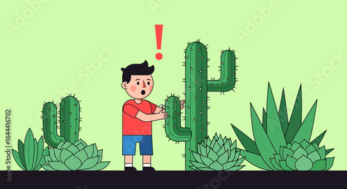 Illustration of a surprised boy touching a cactus with an exclamation mark above him showing the danger ahead