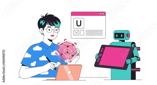 Illustrative scene of design process with designer robot collaboration for future