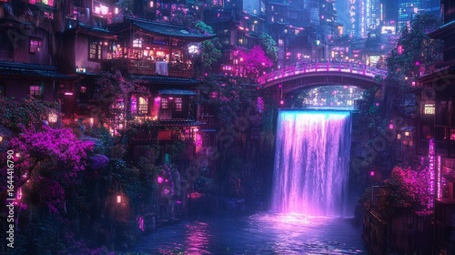Vibrant, glowing Asian cityscape with a cascading waterfall.  Pink and purple lights illuminate buildings, plants, and a flowing river.  Wooden bridge arches over the water