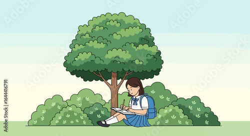 Illustration of a thoughtful schoolgirl studying outdoors under a shady tree