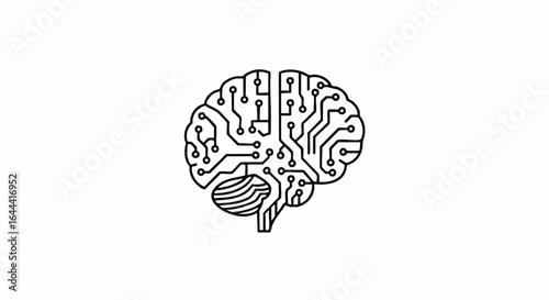 Minimalist black line art of a human brain stylized as a digital circuit board, representing artificial intelligence.
