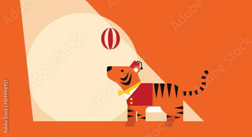 Illustration of a Trained Circus Tiger Performing a Trick with a Red Striped Ball