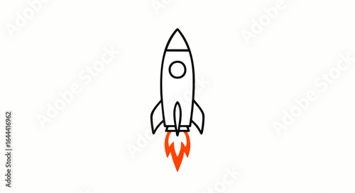 Minimalist black line art rocket icon launching with a vibrant orange flame.