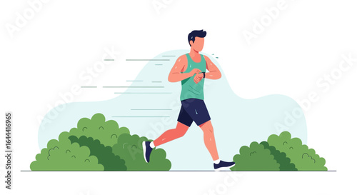 Illustration of an active man running in nature while checking his fitness tracker