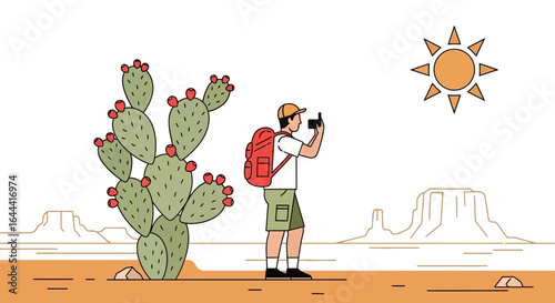 Illustration of a tourist taking photo in desert landscape with cactus and mountains, representing travel and adventure