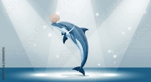 Illustration of a trained dolphin in a circus performance balancing a shell on its snout under bright spotlights