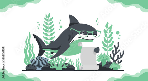 Illustration of an anthropomorphic shark wearing glasses reading a scroll underwater with marine plants creates a humorous depiction