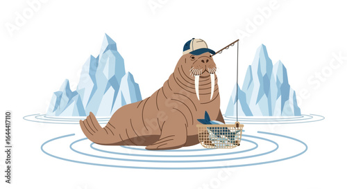Illustration of a walrus fishing near icebergs providing a playful and whimsical scene for children