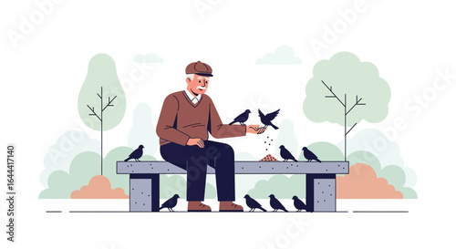 Illustration of an elderly man feeding pigeons in a park expressing a peaceful retirement scene